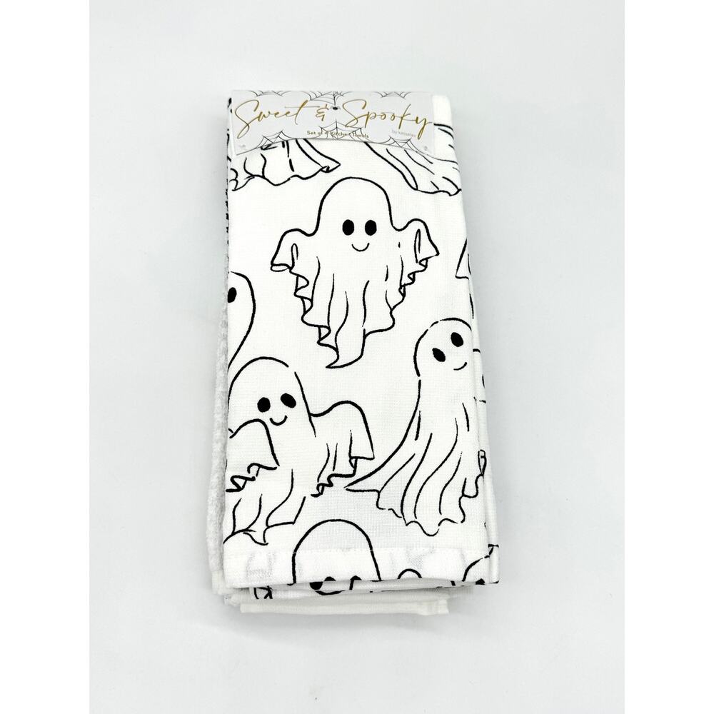 Kassatex Sweet & Spooky 4 Pk Halloween Ghosts Black & White Kitchen Dish Towels